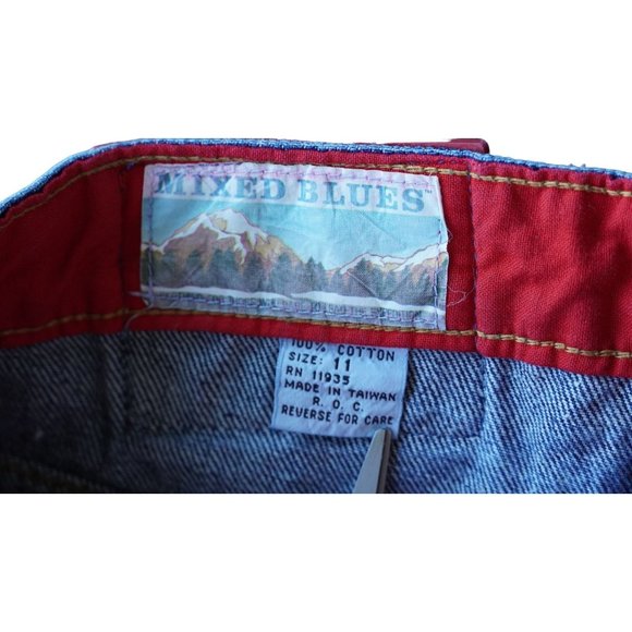 90s Blue Jean Mini Skirt by Mixed Blues Size 11 Dark Wash Denim Red Patch Zipper - Picture 7 of 8